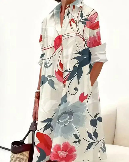 2025 New Women'S Dress, Autumn And Winter New Print Fashion Casual Retro Flower Commuter Lapel Shirt Dress