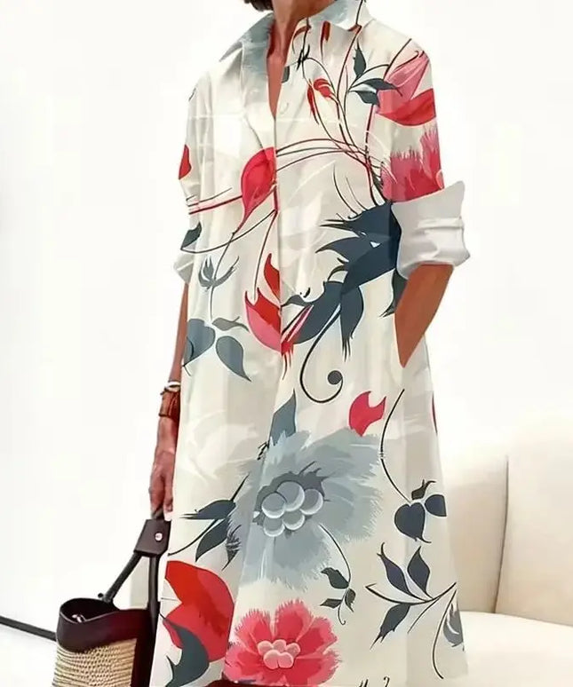 2025 New Women'S Dress, Autumn And Winter New Print Fashion Casual Retro Flower Commuter Lapel Shirt Dress