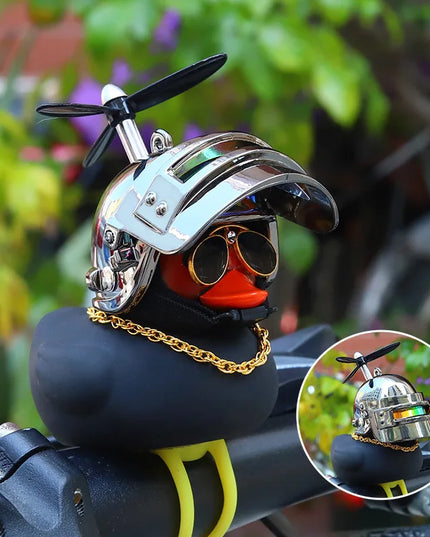 Cool Black Rubber Duck Toy Bike Car Ornaments Dashboard Decorations Squeeze Duck Bicycle Horns with Propeller Helmet for Kids