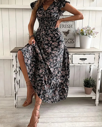 Plus Size Cross border European and American Women's Summer New Style Fashion Floral Long Sleeve Waist Large Swing Connection