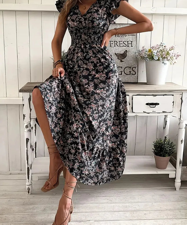 Plus Size Cross border European and American Women's Summer New Style Fashion Floral Long Sleeve Waist Large Swing Connection