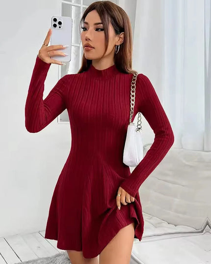 Women's slim fit half high collar waist cinched A-line skirt long sleeved pit stripe dress