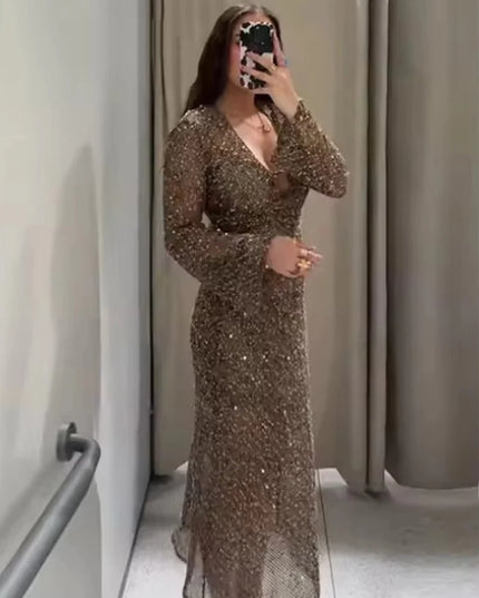 Sexy Sequined Long Pleated Dress Women Deep V-neck Full Sleeve See Through Dresses 2025 Summer Lady Party Evening Dresses ﻿