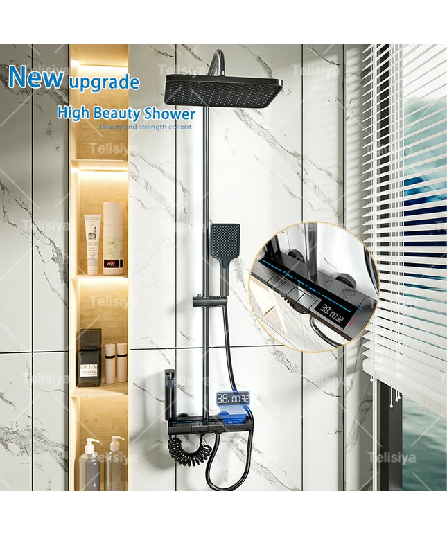 Bathroom Shower System Sets Piano Button Ambient Light Digital Display Pressurization Rain Faucets Shower Set