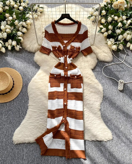 YuooMuoo Chic Fashion Sexy Package Hips Knitted Long Dress 2025 Spring and Summer Elegant Slim Waist Office Lady Sweater Dress