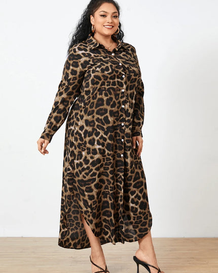 ZANZEA Plus Size Women's Leopard Print Long Dresses Stylish Long Sleeve Button Up Collared Shirt Dress 2025 Autumn Commuting 5XL