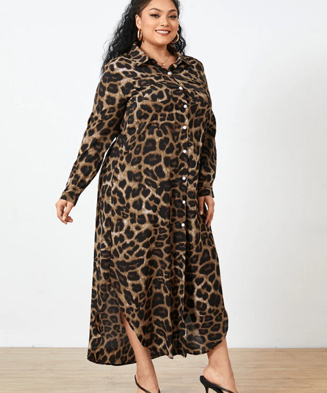 ZANZEA Plus Size Women's Leopard Print Long Dresses Stylish Long Sleeve Button Up Collared Shirt Dress 2025 Autumn Commuting 5XL