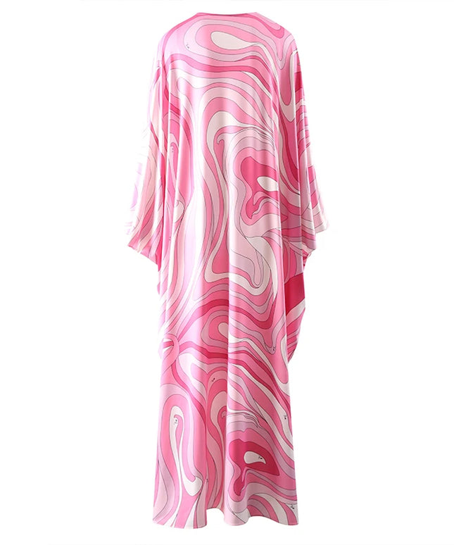 Elegant Loose Robe Dresses Autumn Women Colorful Striped Printing Fashion Batwing Sleeve Party Vacation Casual Vestidos