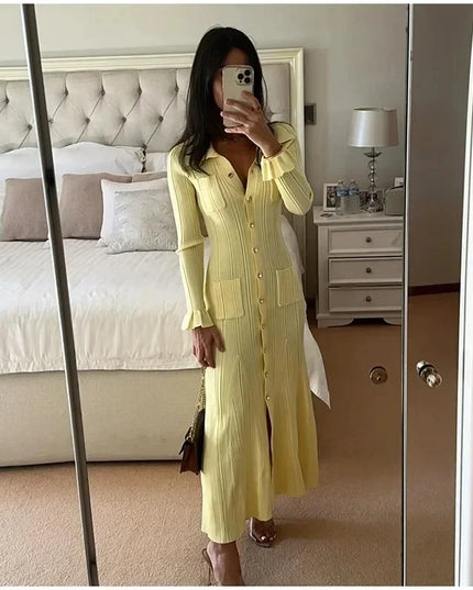 Winter Knitted Dress Women 2025 New Long Sleelve Ruffles Single Breasted Long Dresses Female Party Fashion Sweater Vestidos