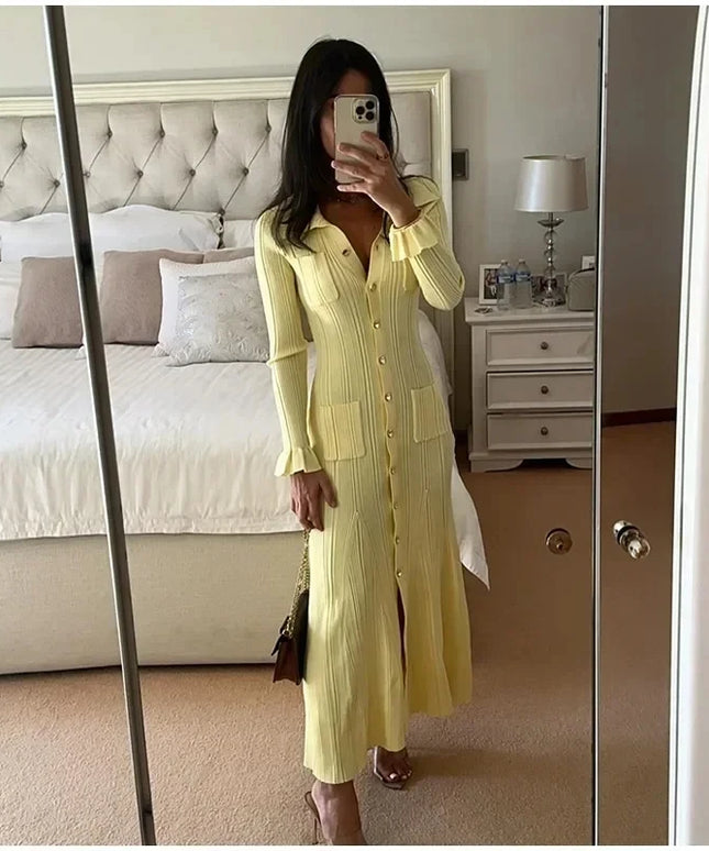 Winter Knitted Dress Women 2025 New Long Sleelve Ruffles Single Breasted Long Dresses Female Party Fashion Sweater Vestidos