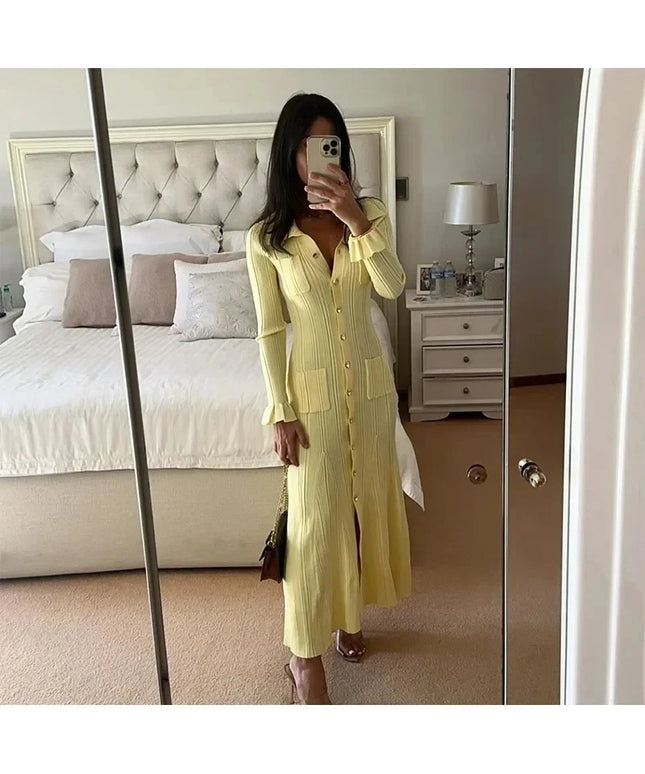 Winter Knitted Dress Women 2025 New Long Sleelve Ruffles Single Breasted Long Dresses Female Party Fashion Sweater Vestidos