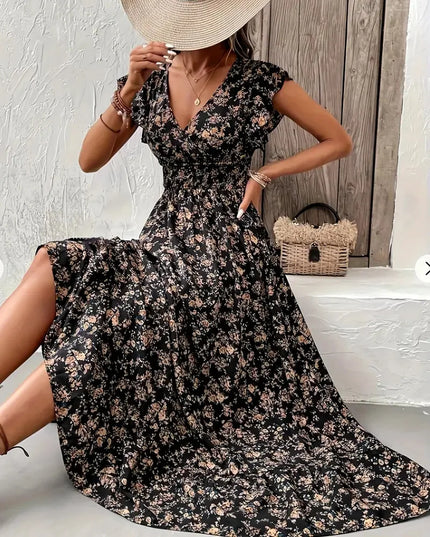 Plus Size Cross border European and American Women's Summer New Style Fashion Floral Long Sleeve Waist Large Swing Connection