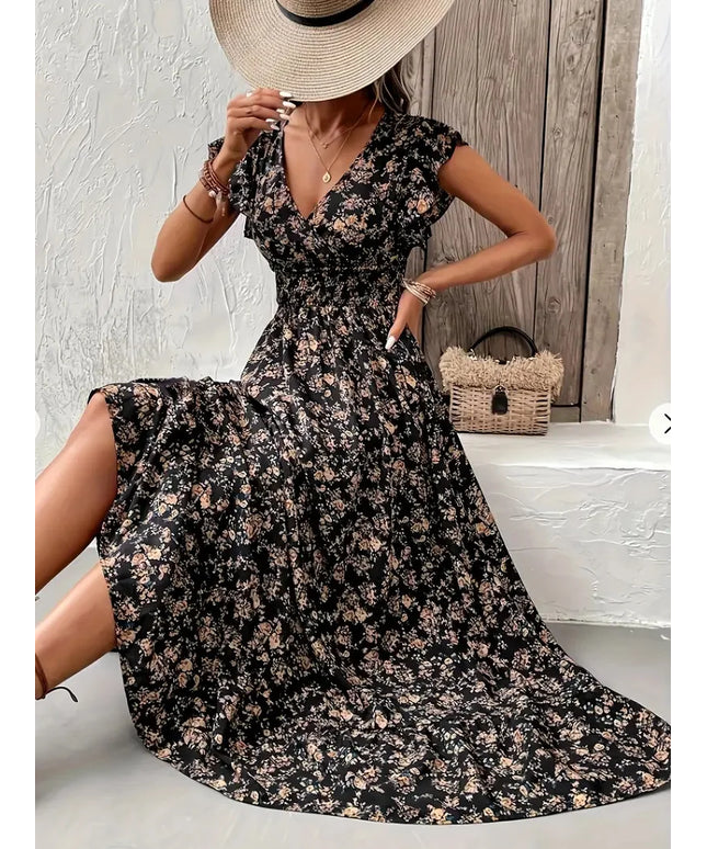 Plus Size Cross border European and American Women's Summer New Style Fashion Floral Long Sleeve Waist Large Swing Connection