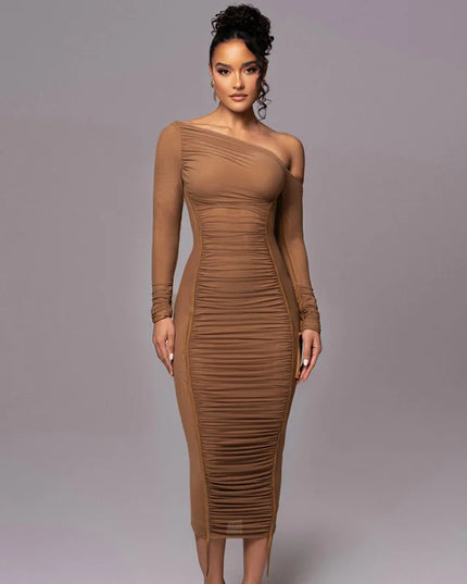 2025 Spring New Women's Long Sleeve Mesh Splicing Diagonal Shoulder Mid length Skirt Fashion Folded Dress