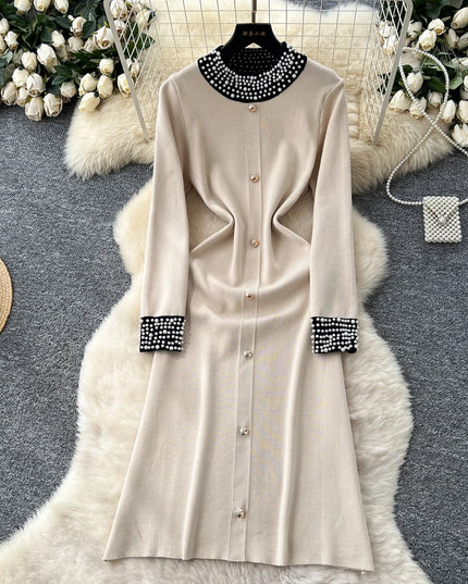 YuooMuoo Brand Fashion 2025 Autumn Winter Women Knitted Long Dress Luxury Pearls O-neck A-line Sweater Dress Office Lady Vestido