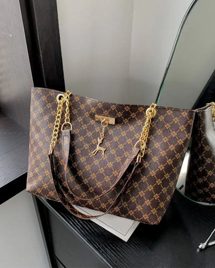 1pcs Fashionable Large Capacity Handbag Texture PU Leather Tote Women Bag with Hanging Accessories Shoulder Bag