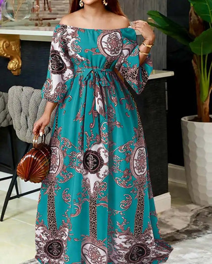 VONDA Women Printed Party Dress 2024 Sexy Off Shoulder Long Lantern Sleeve Bohemian Sundress Belted Vintage Maxi Robe Oversized