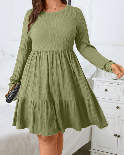 Plus size women's autumn and winter dress, solid color round neck long sleeve ruffle hem dress with pockets, autumn and winter p