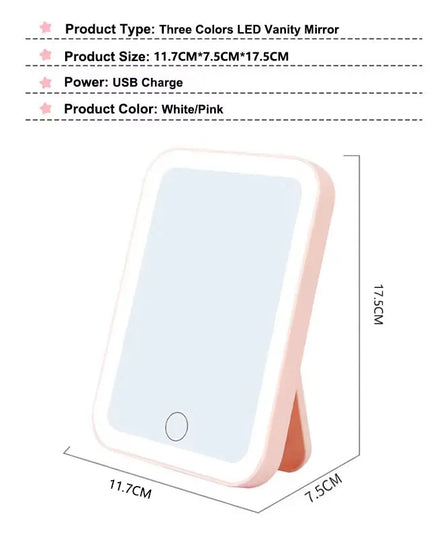 3 Colors LED Vanity Mirror with Touch Screen USB Rechargeable Dimming Makeup Mirror 3 Brightness Portable