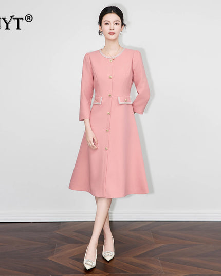 ZJYT New Fashion Beading Midi Dresses for Women Autumn 2025 Designer Long Sleeve Solid Pink Aline Casual Party Dress Vestidos