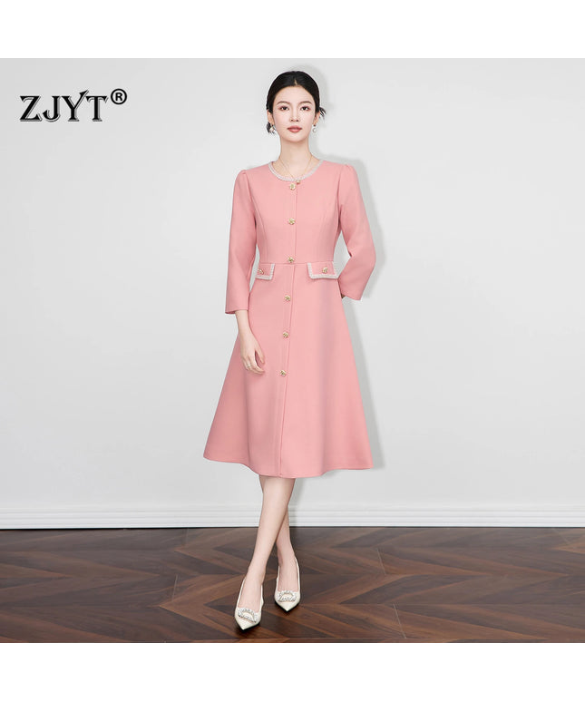 ZJYT New Fashion Beading Midi Dresses for Women Autumn 2025 Designer Long Sleeve Solid Pink Aline Casual Party Dress Vestidos