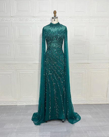 Luxury Saudi Arabia Mermaid Beaded Cape Sleeves High-Neck Evening Dresses 2025 Dubai Party Gowns for Women Wedding Customized