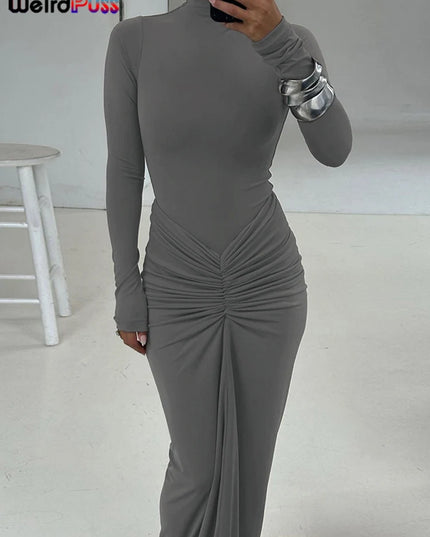 Weird Puss Hipster Ruched Dress Women o-NeckFull Sleeve  Skinny Stretch Robe Autumn Trend Simple Classic Pleats Long Bodycon