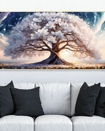 Blooming Tree With Whit Flowers Artistic Canvas Painting,Abstract Wall Art Poster Home Decor Print Picture,Room Decor,Unframed
