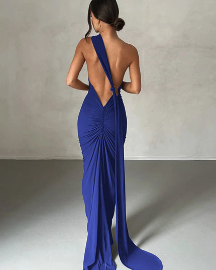 Hugcitar One Shoulder Backless Adjustable Scarf Loop Ruched Sexy Maxi Dress Women Elegant Y2K Streetwear Festival Outfit