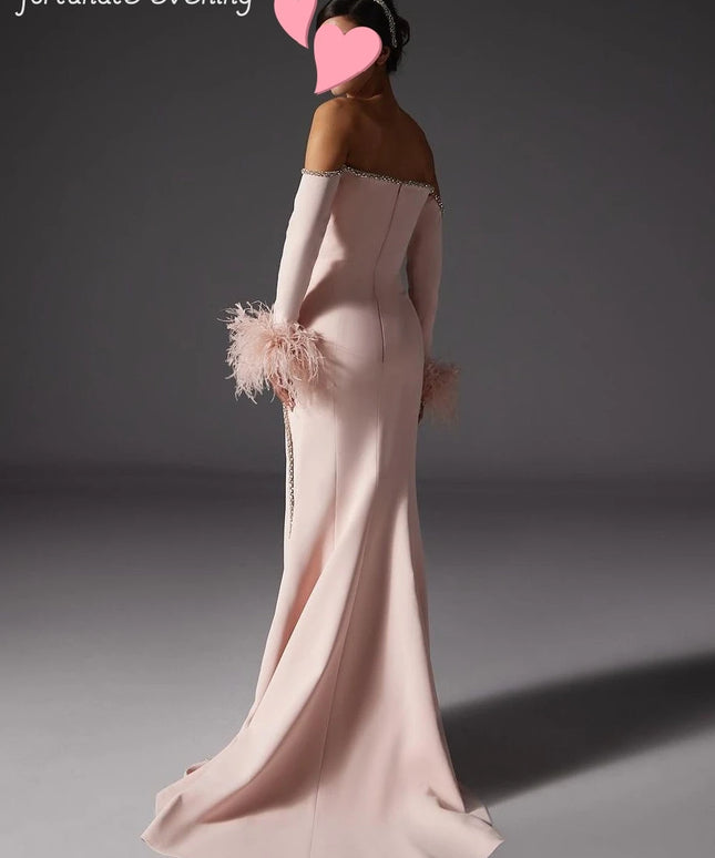 Fortunate Evening Elegant Vintage Sweet Sexy Pink Mermaid Feathers Crystal Beads Formal Occasion Prom Dress Evening Party Gowns