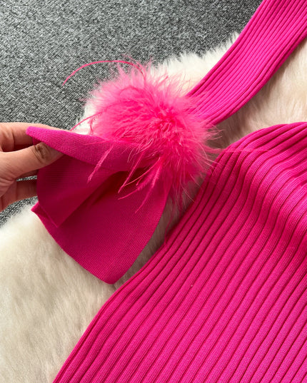 YuooMuoo Women Dress 2025 Autumn Winter Elegant Fur Long Sleeve Knitted Sweater Dress Chic Lady Wrap Hips Bodycon Long Vestidos