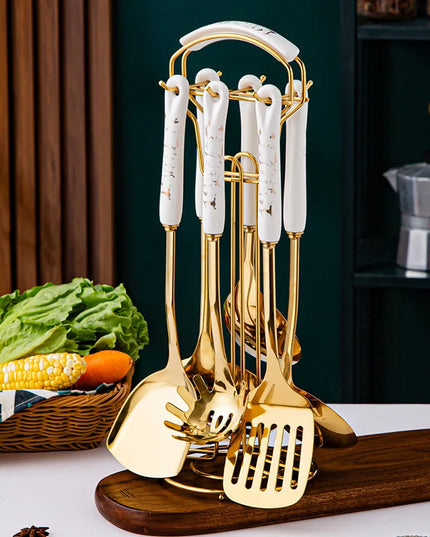 7pcs stainless steel spatula soup spoon kitchenware set cooking spatula kitchen supplies ceramic handle Nordic kitchen tools