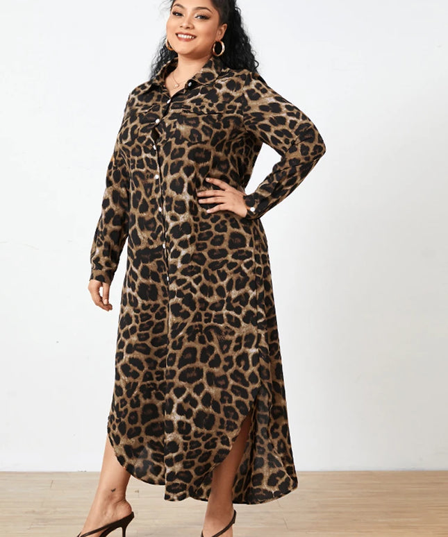 ZANZEA Plus Size Women's Leopard Print Long Dresses Stylish Long Sleeve Button Up Collared Shirt Dress 2025 Autumn Commuting 5XL