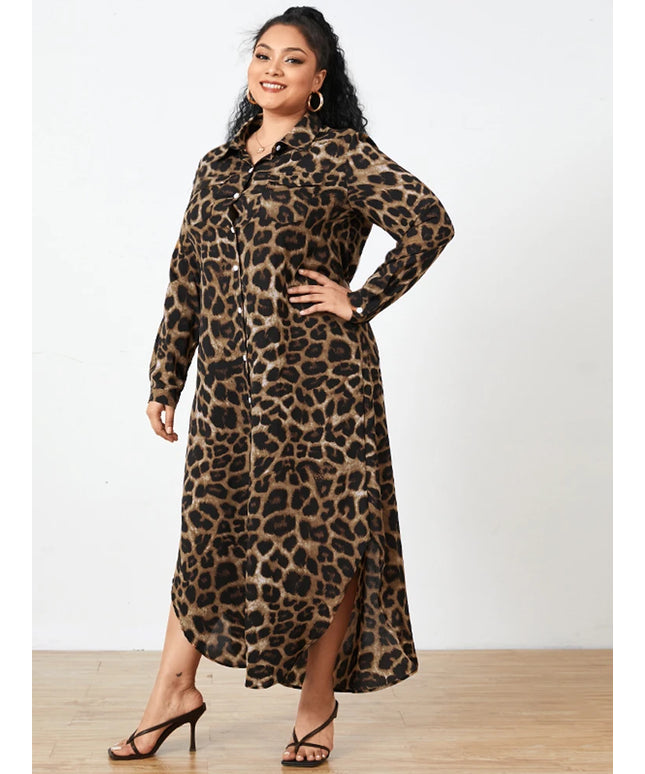 ZANZEA Plus Size Women's Leopard Print Long Dresses Stylish Long Sleeve Button Up Collared Shirt Dress 2025 Autumn Commuting 5XL