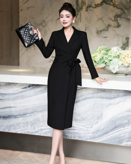 ZJYT Elegant Ladies Notched Collar Long Sleeve Autumn Dresses for Women Lace Up Straight Office Work Wear Female Vestidos 2025