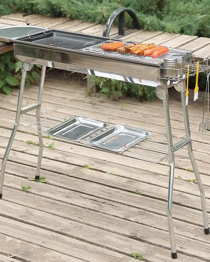 Outdoor Stainless Steel Charcoal Grill Large Size Barbecue Tool Portable Free Installation Handle Folding BBQ Cooking