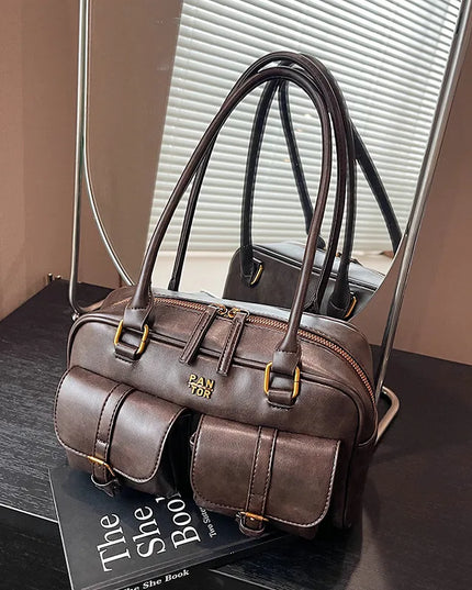 Women's Coffee Brown Multi-Pocket Handbag Shoulder Bag, Stylish Versatile Letter Crossbody Purse for Travel Work Shopping Dates