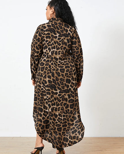 ZANZEA Plus Size Women's Leopard Print Long Dresses Stylish Long Sleeve Button Up Collared Shirt Dress 2025 Autumn Commuting 5XL