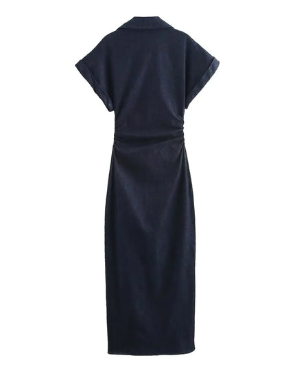 ETJ 2025  Spring New 1975 series denim MIDI dress with lapel side zipper fashion wrinkle waist slim elegant dress