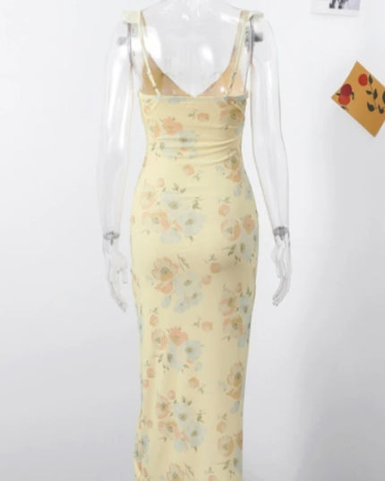 Summer Flower Printed Women's Sexy Low-cut Dress Sleeveless Backless Slim Sling Dresses 2025 Beach Vacation Lady Vestidos