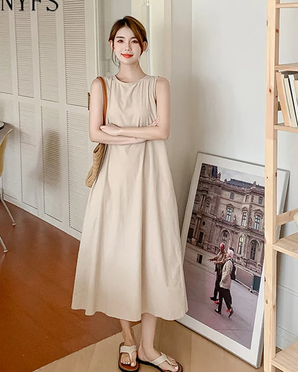NYFS 2025 Summer New Korea Woman Dress Vestidos Robe Elbise Loose Plus Size Solid Sleeveless Backless Long Dress L-4XL