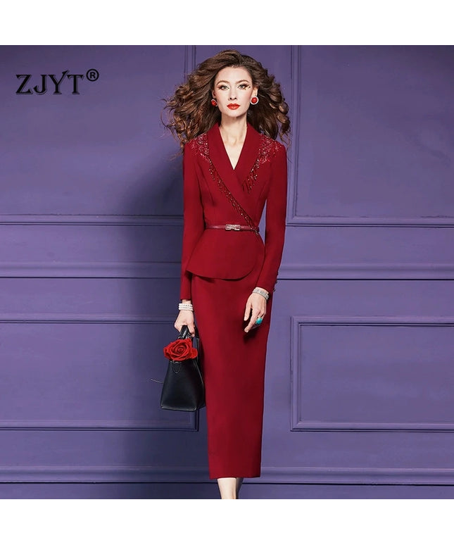 ZJYT Elegant Autumn Luxury Beading Tassel Red Formal Party Evening Dresses Women 2025 Long Sleeve Plus Size Office Work Wear