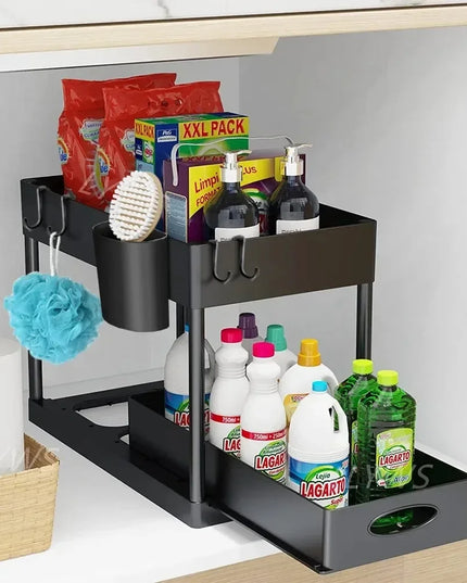 2 Tier Under Sink Organizer Sliding Cabinet Basket Organizer Storage Rack with Hooks Hanging Cup Bathroom Kitchen Organizer