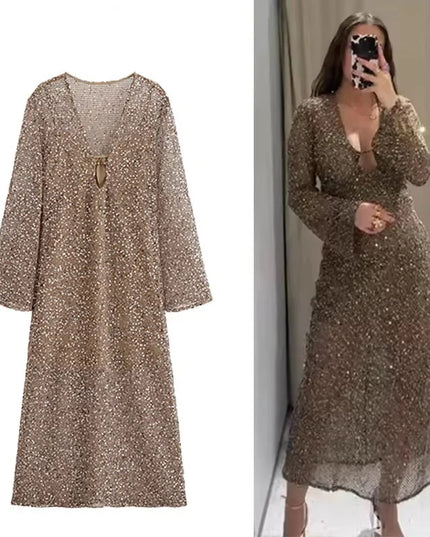 Sexy Sequined Long Pleated Dress Women Deep V-neck Full Sleeve See Through Dresses 2025 Summer Lady Party Evening Dresses ﻿