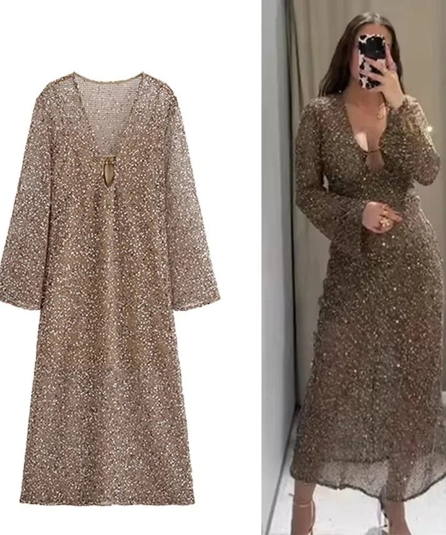 Sexy Sequined Long Pleated Dress Women Deep V-neck Full Sleeve See Through Dresses 2025 Summer Lady Party Evening Dresses ﻿