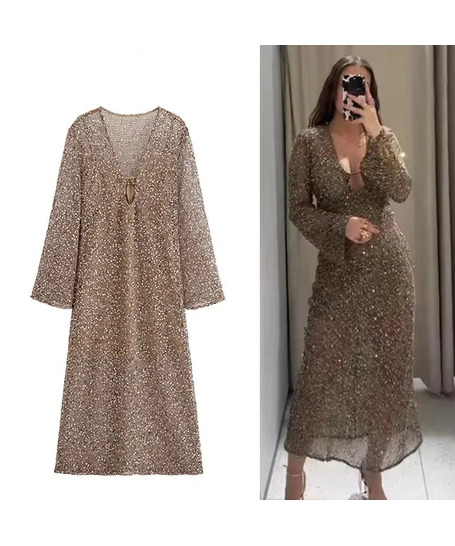 Sexy Sequined Long Pleated Dress Women Deep V-neck Full Sleeve See Through Dresses 2025 Summer Lady Party Evening Dresses ﻿