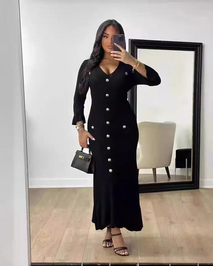 Elegant Knitted Long Dress Women Flare Sleelve V Neck Ruffles Single Breasted Bodycon Dresses Party Fashion Office Lady Vestidos