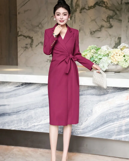 ZJYT Elegant Ladies Notched Collar Long Sleeve Autumn Dresses for Women Lace Up Straight Office Work Wear Female Vestidos 2025