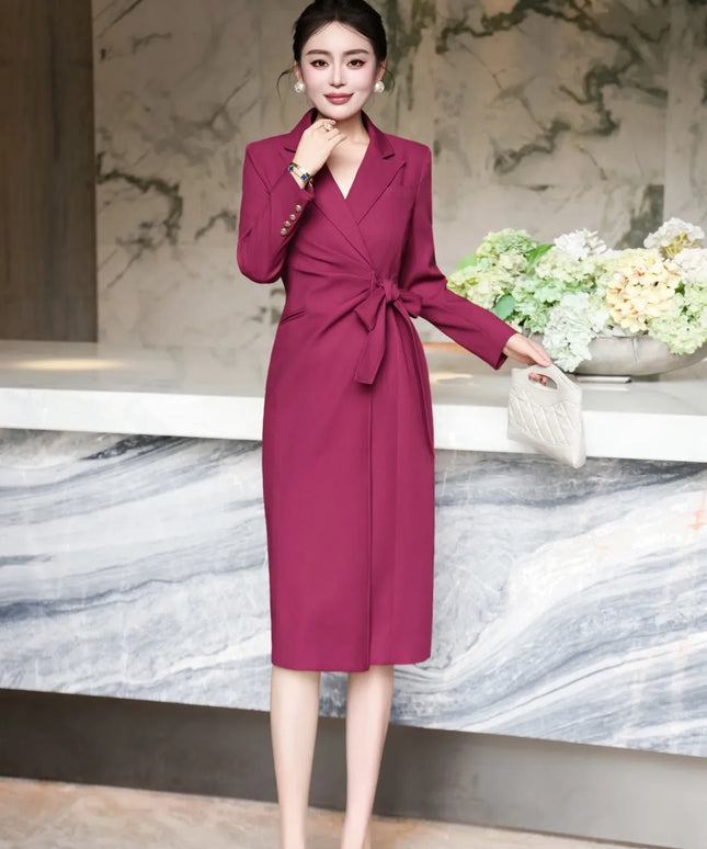 ZJYT Elegant Ladies Notched Collar Long Sleeve Autumn Dresses for Women Lace Up Straight Office Work Wear Female Vestidos 2025