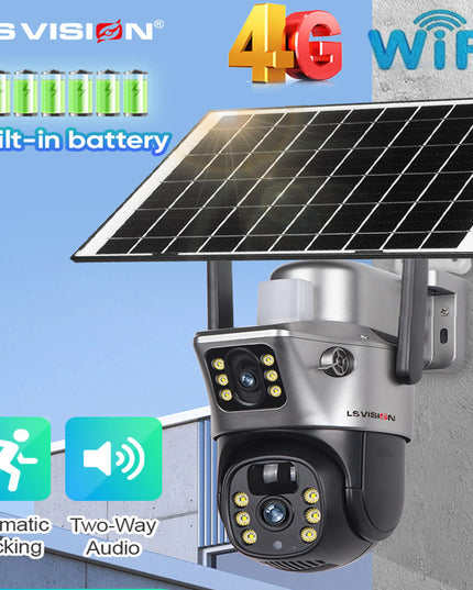 LS VISION 4K 8MP Wireless Solar Camera Dual Screen WiFi PTZ Camera Outdoor Built-in Battery Video Surveillance Camera V380PRO